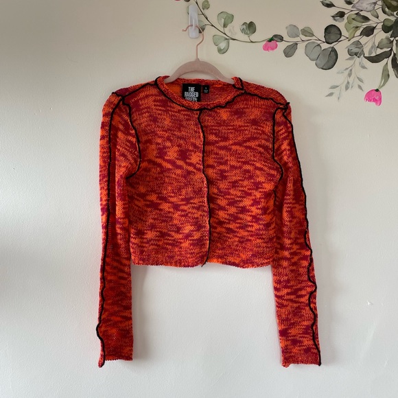 The Ragged Priest Sweaters - The Ragged Priest Long Sleeve Cropped Sweater, Orange and Red Loose Knit, Small